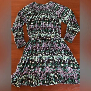 Loft Flowered Dress with smocked neck and cuffs- black/purple/turquoise-L